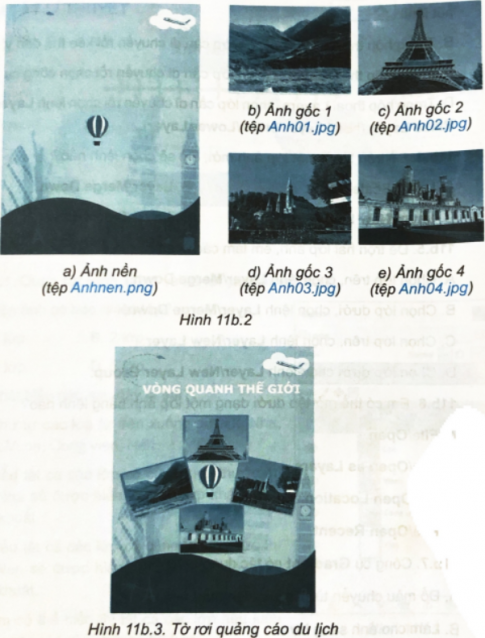 Từ các ảnh gốc cho sẵn ở Hình 11b.2, em hãy tạo sản phẩm là tờ rơi quảng cáo du lịch tương tự Hình 11b.3.