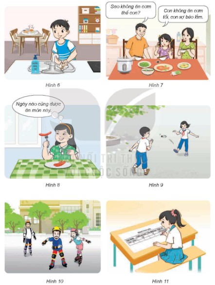 Quan sát từ hình 6 đến 11 và cho biết việc làm nào nên làm hoặc không nên làm để phòng tránh bệnh liên quan đến dinh dưỡng. Vì sao?