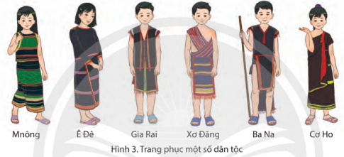 Quan sát các hình 3, 4 và đọc thông tin, em hãy cho biết người dân Tây Nguyên thường mặc trang phục bằng chât liệu gì. Màu sắc chủ đạo trong trang phục là những màu nào?