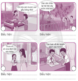  Đánh dấu V vào ô chỉ tình huống thể hiện sự tôn trọng tài sản của người khác và nêu biểu hiện của sự tôn trọng đó.