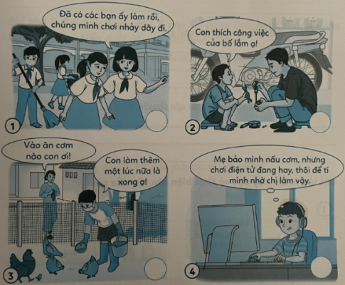 Em hãy vẽ ☺ với hình thể hiện hành vi đúng và ☹ với hình thể hiện hàn vi sai vào ô trong việc thể hiện yêu lao động.