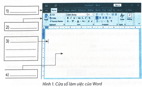 Điền cụm từ thích hợp vào chỗ chấm để chú thích cho cửa sổ làm việc của Word trong hình 1