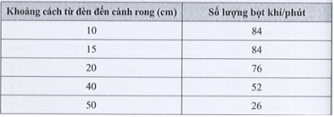 Thí nghiệm được bố trí như trong hình 20.1. ● Đặt đèn cách ống nghiệm chứa cành rong đuôi chó 10 cm. ● Đếm số bọt khí thoát ra từ cành rong đuôi chó trong 1 phút. ● Lặp lại thí nghiệm này cho các khoảng cách khác nhau giữa đèn vào ống nghiệm chứa cành rong đuôi chó. Kết quả thí nghiệm được ghi trong bảng dưới đây.
