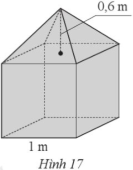 phần dưới có dạng hình lập phương với độ dài cạnh bằng 1 m; phần trên có dạng hình chóp tử giác đều với chiều cao bằng 0,6 m. Cần phải chuẩn bị bao nhiêu tấn xi măng và bao nhiêu mét khối nước để làm khối bê tông đó? Biết rằng 1 m3 bê tông mác 200 cần khoảng 350,55 kg xi măng và 185 l nước.