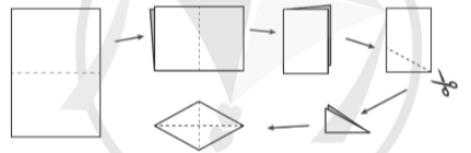 Gấp và cắt tờ giấy (theo hình vẽ) để tạo thành hình thoi.
