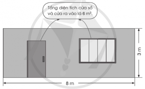Người ta sơn một bức tường có dạng hình chữ nhật với kích thước như hình vẽ dưới đây. Hãy tính diện tích cần sơn, biết rằng tổng diện tích cửa sổ và của ra vào là 6 m2.