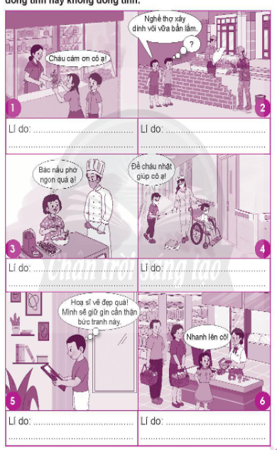 Vẽ V vào ô chỉ lời nói, việc làm em đồng tình, vẽ X vào ô chỉ lời nói, việc làm em không đồng tình. Nêu lí do em đồng tình hay không đồng tình