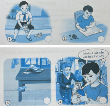 Em hãy vẽ ♡ vào ô ở tranh thể hiện việc biết bảo quản, tiết kiệm tiền