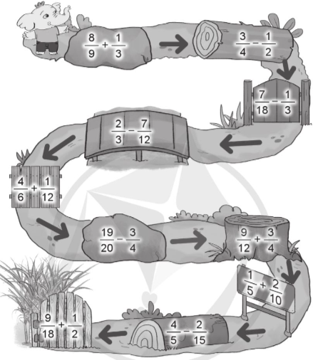 Hãy giúp bạn Voi tìm được vườn mía bằng cách thực hiện đúng các phép cộng, phép trừ hai phân số trên đường đi.