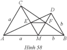 Cho điểm M thuộc đoạn thẳng AB, với MA = a, MB = b. Vẽ hai tam giác đều AMC và BMD; gọi E là giao điểm của AD và CM, F là giao điểm của DM và BC (Hình 58). a) Chứng minh EF // AB. b) Tính ME, MF theo a, b.