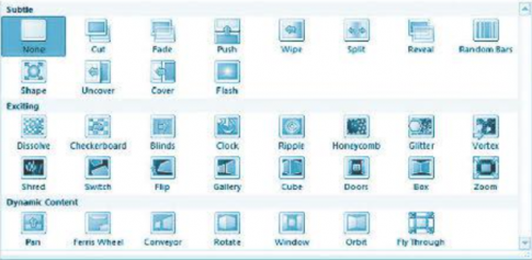 Câu nào sau đây không mô tả hiệu ứng chuyển trang trong bài trình chiếu?