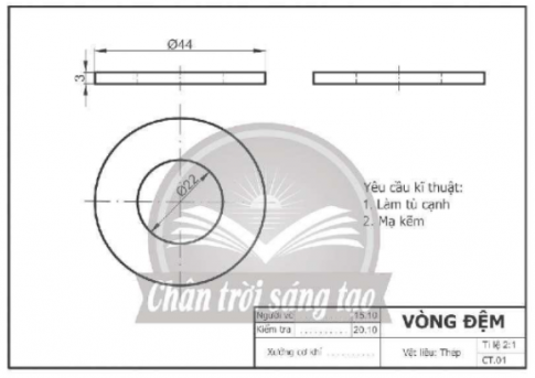  Đánh dấu ✓ vào ô trống trước các loại thông tin của chi tiết vòng đệm thể hiện trong bản vẽ dưới đây.