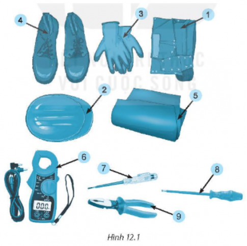  Kể tên và nêu công dụng của các trang bị bảo hộ và dụng cụ an toàn điện có trong Hình 12.1.