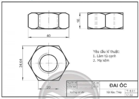  Đánh dấu ✓ vào ô trống trước các thông tin đọc được trong bản vẽ chi tiết đai ốc của hình dưới đây.
