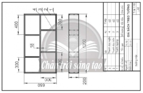  Đánh dấu ✓ vào ô trống trước mô tả đúng về giá sách treo tường trong bản vẽ dưới đây. 