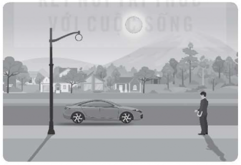 Hình dưới mô tả khung cảnh buổi sáng mùa hè, một người đang đứng bên đường chờ bạn.