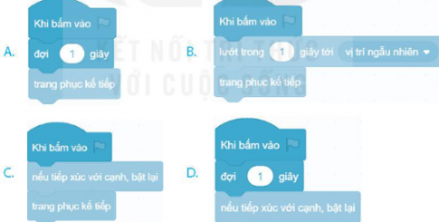 thêm một nhân vật chú chó xuất hiện trên sân khấu, chú chó đợi trong 1 giây và thay đổi trang phục (hình dạng) kế tiếp. Chương trình nào sau đây điều khiển chú chó thực hiện hành động theo ý tưởng của Minh?
