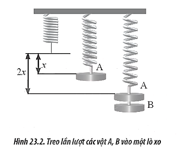 Treo lần lượt các vật A và B có khối lượng là mA và mB vào cùng một lò xo đang treo thẳng đứng như Hình 23.2. Ta có thể nhận xét gì về khối lượng của hai vật này.