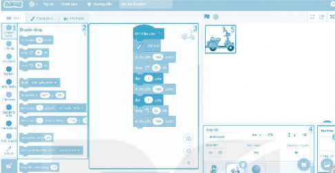   Điền các mô tả cho màn hình của phần mềm Scratch (Nhóm lệnh, Nhân vật trên sân khấu, Vùng tạo chương trình, Vùng tạo nhân vật, Vùng tạo phông nền sân khấu).