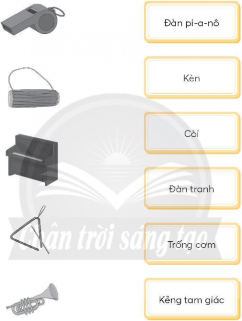 Nối mỗi hình với ô chữ chỉ tên nhạc cụ phù hợp. Làm thế nào để các nhạc cụ này phát ra âm thanh? Viết vào chỗ (...) câu trả lời của em.