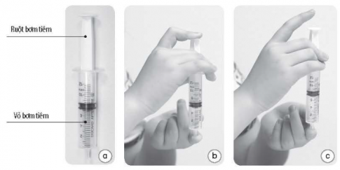 Quan sát nội dung trong các hình và sử dụng các từ/cụm từ: nén lại, không khí, dãn ra để điền vào chỗ (...) trong các câu dưới đây cho phù hợp (Mỗi từ/cụm từ có thể dùng nhiều lần).