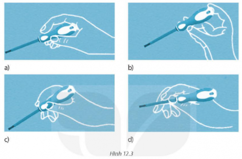  Thao tác sử dụng bút thử điện nào trong Hình 12.3 là không đúng cách? Chỉ ra các thao tác sai trong mỗi hình. 