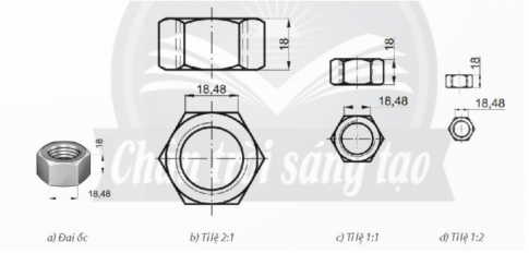 Hãy ghi kích thước chiều cao và chiều dài cạnh của đai ốc lục giác được vẽ trên mỗi hình biểu diễn vào bảng dưới đây.
