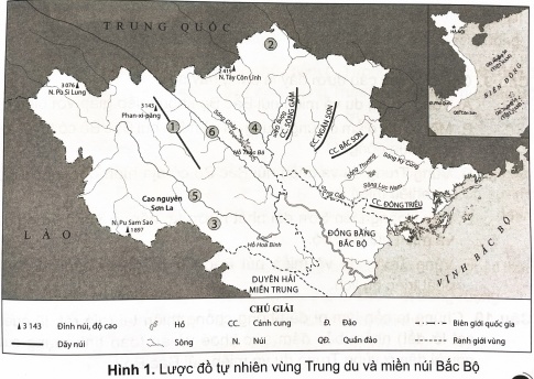 Ghép các địa danh dưới đây tương ứng với các vị trí đánh số trên hình 1 sao cho đúng.