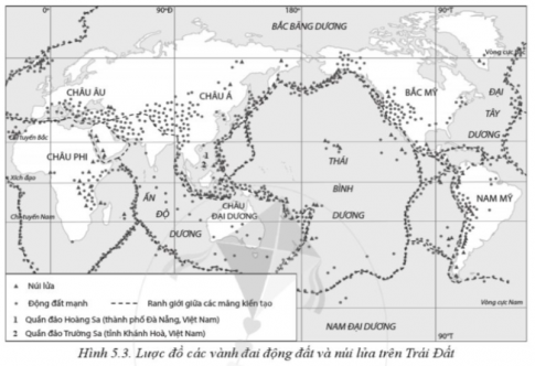 Quan sát hình 5.3, hãy nhận xét và giải thích về sự phân bố của các vành đai động đất và núi lửa trên Trái Đất.