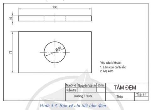 - Bản vẽ tấm đệm được vẽ theo tỉ lệ nào vật chế tạo là gì? - Kích thước chung, kích thước bộ phận của chi tiết. - Yêu cầu kĩ thuật của bản vẽ.