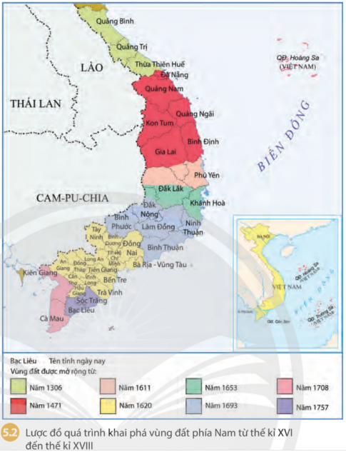 Dựa vào thông tin trong bài và lược đồ 5.2, em hãy cho biết quá trình khai phá vùng đất phía Nam từ thế kỉ XVI đến thế kỉ XVIII đã diễn ra như thế nào.