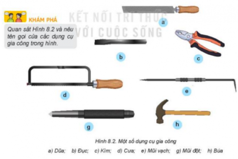 Quan sát Hình 8.2 và nêu tên gọi của các dụng cụ gia công trong hình