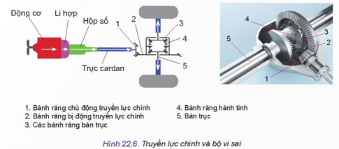 Hãy đọc mục 3 và cho biết chức năng của truyền lực chính và bộ vi sai. Hãy quan sát Hình 22.6