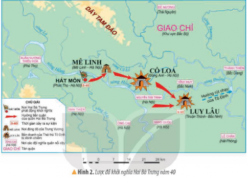 Chỉ hướng tiến quân của quân Hai Bà Trưng ở hình 2.