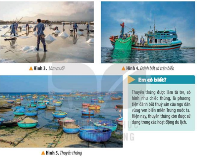 Đọc thông tin và quan sát các hình từ 3 đến 5, em hãy kể tên một số vận dụng chủ yếu có liên quan đến đời sống của người dân ở vùng Duyên hải miền Trung.