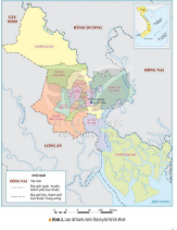 Quan sát hình 2, em hãy xác định trên lược đồ vị trí địa lí của Thành phố Hồ Chí Minh. Thành phố tiếp giáp với các tỉnh nào?