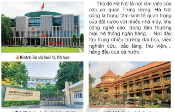 1. Đọc thông tin và quan sát các hình từ 9 đến 11, em hãy cho biết Hà Nội là trung tâm quan trọng của cả nước ở các lĩnh vực nào?
