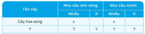 uan sát cây xung quanh em, cho biết tên cây, nhu cầu về ánh sáng, nuóc của cây.
