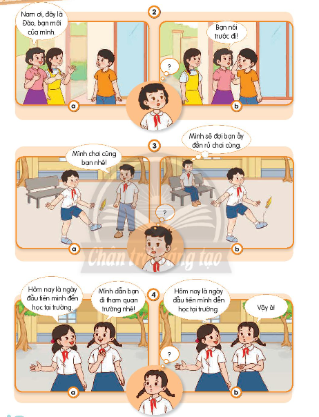 Quan sát tranh và chọn cách thiết lập quan hệ bạn bè. Vì sao em chọn cách đó?