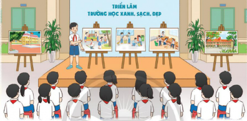 Trưng bày tranh vẽ về chủ đề "Trường học xanh, sạch, đẹp"