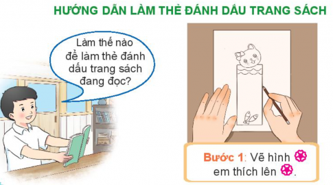 Dựa vào hình ảnh gợi ý, hoành chỉnh các bước làm thẻ đánh dấu trang của quyển sách đang đọc do anh Mọt Sách hướng dẫn