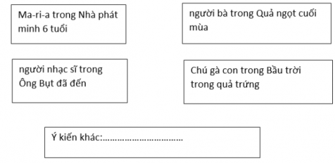 Em sẽ chọn nhân vật nào dưới đây để nêu tình cảm, cảm xúc?