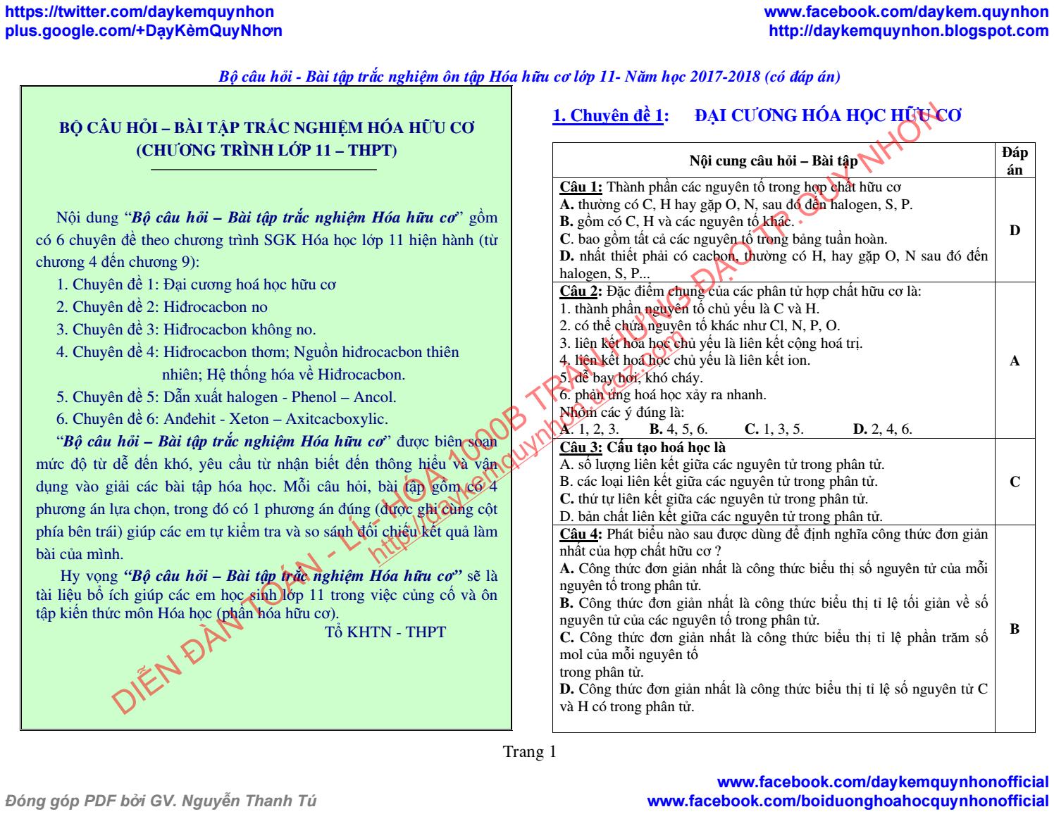 BỘ CÂU HỎI - BÀI TẬP TRẮC NGHIỆM ÔN TẬP HÓA HỮU CƠ LỚP 11 - NĂM HỌC ...